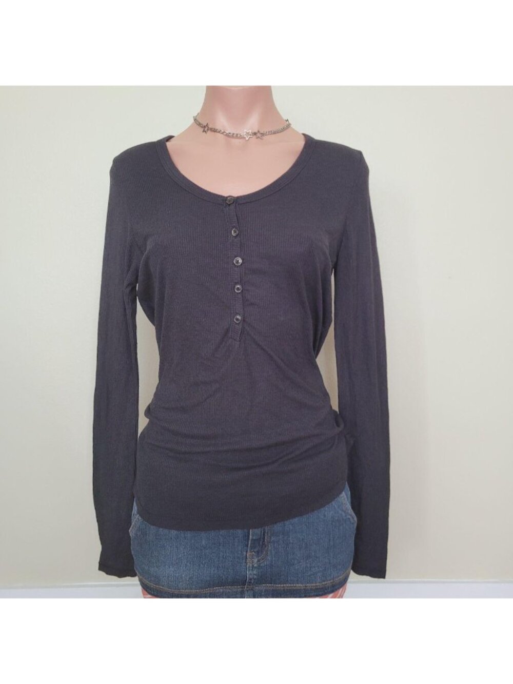 Mango Minimalist Black Henley Neck Slim Fit Knit Top (M)